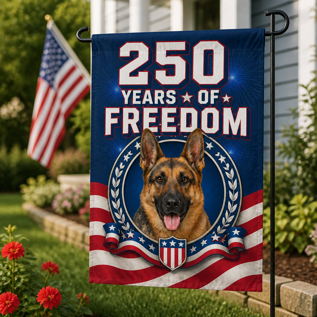 Patriotic German Shepherd — 250 Years of Freedom Garden Flag - Family Flag 839a16da-ead9-4661-bea7-e56205308e8d.jpg