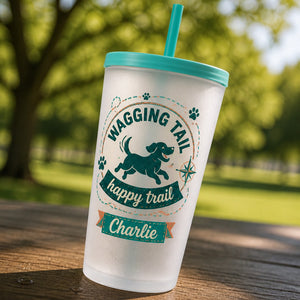 Wagging Tail Happy Trail Personalized Dog Water Bottle - Personalized Plastic Frosted Water Cup 8400d780-d12a-42a8-93cd-c8a49aed1521.jpg