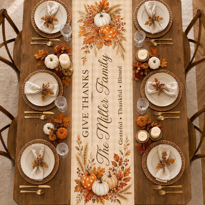Custom Family Thanksgiving Table Runner Linen 70x13in, Personalized Pumpkin Fall Table Decor, Give Thanks Autumn Dining Table Runner 840c1daf-8288-4f7b-8f5b-da83da17d5a7--tghnj-6-.webp
