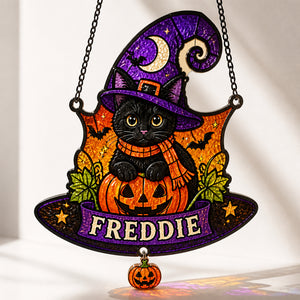 Personalized Halloween Witch-Hat Cat Doormat (Custom Shape) - Personalized 1 Layered Suncatcher with Charm 845a591e-9abc-421f-ad90-9a415fcfcc19.jpg