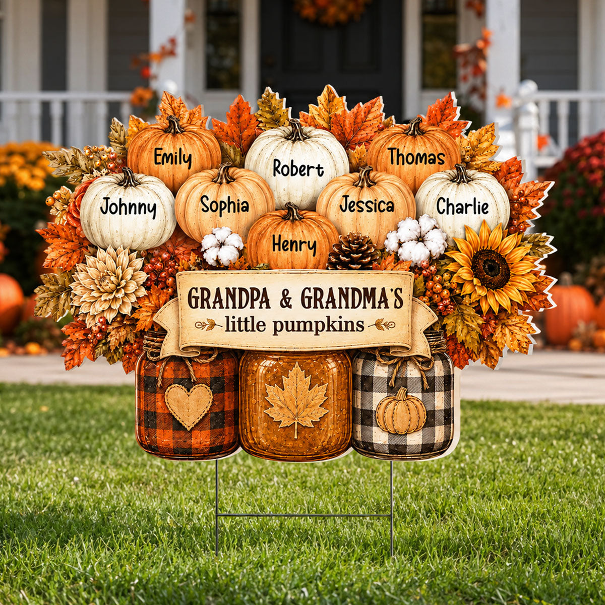 Cozy Warm Fall Season Mason Jars Pumpkins - Personalized Yard Sign - Fall Decor For Grandparents 845b6bde-c68e-4d56-83de-b0cdd21cc63a-1.jpg