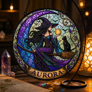 Personalized Witch & Cat Crescent Stained Glass Suncatcher - Personalized Suncatcher Stained Glass 8479735e-956f-4d09-82d8-e453971aad71.jpg
