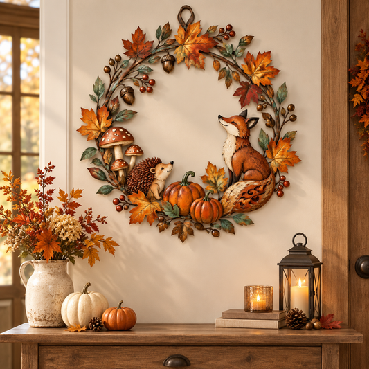 Rustic Fall Metal Wreath, Woodland Animal Door Decor, Fox Hedgehog Pumpkin Wall Hanging, Autumn Harvest Home 84ae41b8-91bf-41e4-b145-daddbcb8196d-b0e4738a-6c5a-47ac-9064-2f2e6ffff004.png