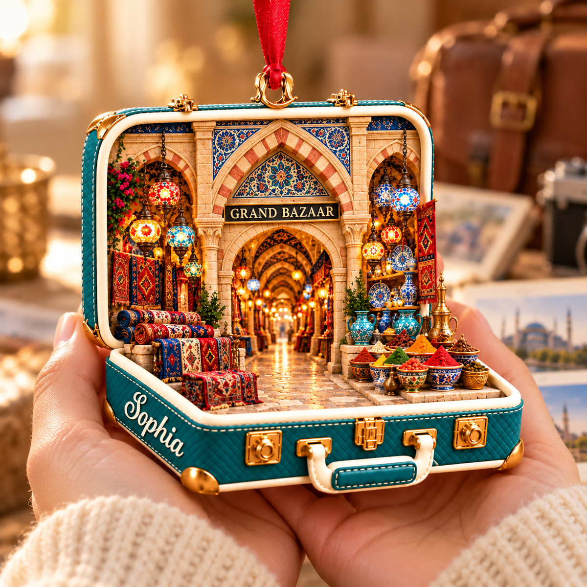 Personalized Grand Bazaar 3D Suitcase Christmas Ornament – Istanbul Travel Souvenir & Gift for Turkey Lovers 84db7f3a-45e8-4f4d-a001-d8c2e05b6bd8-Holding-a-teal-Grand-Bazaar-keepsake-3.png