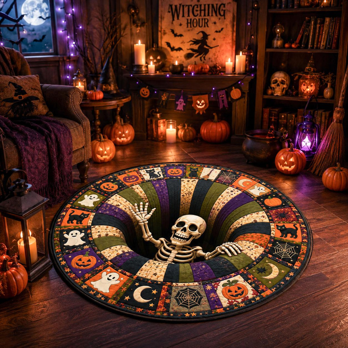 3D Effect Illusion Skull Vortex Quilted Round Rug, Halloween Horror Skeleton Carpet, Quilt Floor Mat, Living Room Bedroom Decor, Spooky Gift 84e6d018-104c-4f95-8e90-c0be06df596b-2.jpg