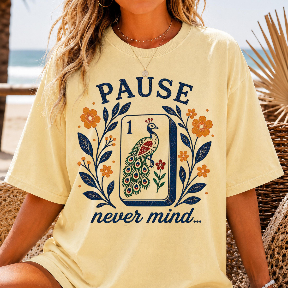 Pause Nevermind, Funny Mahjong Shirt, Peacock Mahjong Tee, Comfort Colors Graphic T-Shirt, Mahjong Player, Retro Floral, Mahj, Yellow Blue 84f8320a-f699-4a58-aa82-7ae5c308a48f-10.png