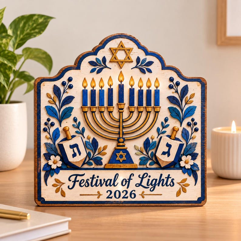 Hanukkah Menorah Wood Sign 2026, Festival of Lights Decor, Blue Gold Dreidel Jewish Holiday Table Sign, Hanukkah Home Decoration 8545a588-3aeb-4013-a378-752110369001-kl2.jpg