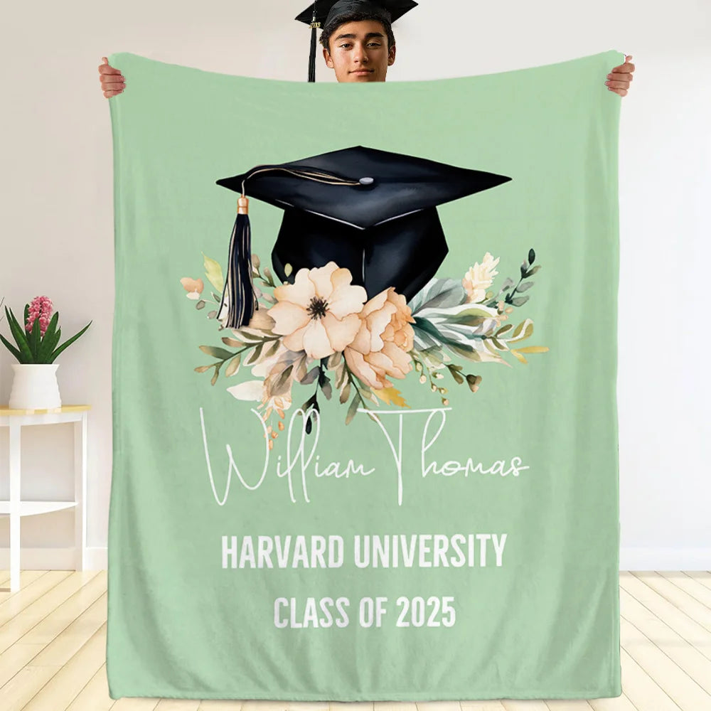 Personalised Watercolor Floral Grad Cap Graduates' Back Soft Throw Blanket with Name and Year School Celebration Home Decor Gift for Graduates