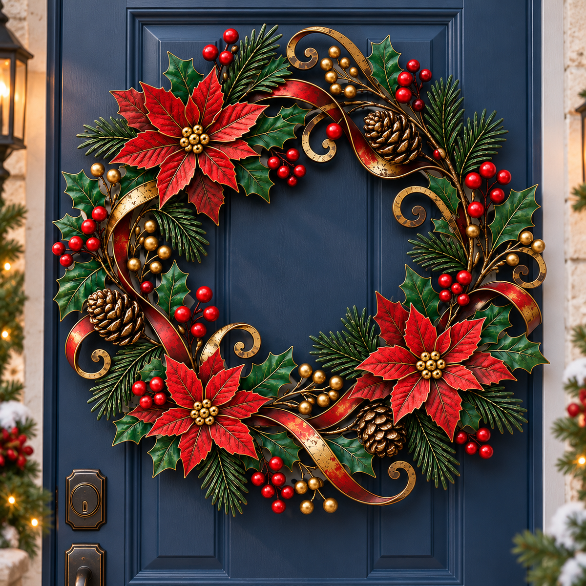 Christmas Poinsettia Metal Wreath, Holiday Door Decor With Holly, Pine Cones, Red Berries And Gold Ribbon 85fd59eb-616a-45c9-93e6-79b98777e3bd-dc3a7817-8fc1-441d-9f6a-8ae7522b8364.png