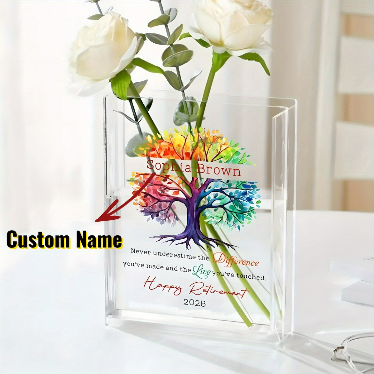 Personalized Retirement Gift - Custom Name & Year, Tree of Life Design with Inspirational Message - Heavy-Duty Acrylic Book Vase for Desk, Shelf, Table Decor