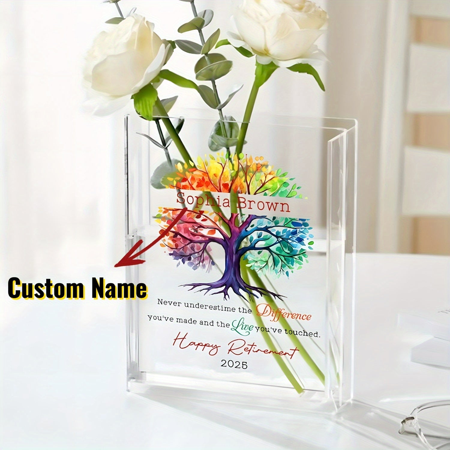 Personalized Retirement Gift - Custom Name & Year, Tree of Life Design with Inspirational Message - Heavy-Duty Acrylic Book Vase for Desk, Shelf, Table Decor