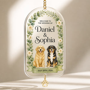 Personalized Wedding Welcome Flag with Pets — Names & Date - Personalized 1 Layered Suncatcher with Charm 862b59c1-3672-414d-b280-8c4213766c69.jpg