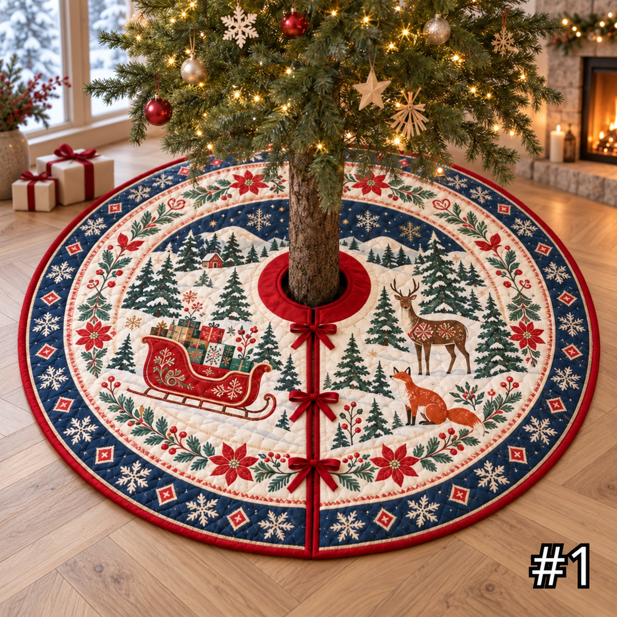 Scandinavian Red Sleigh Quilt Christmas Tree Skirt, Nordic Folk Art Gifts Deer Fox and Pine Forest Festive Holiday Tree Base Decor 862d8f22-47f7-4e3d-8ff6-e5a0d123ee69-590c451f-7cc2-4f77-a704-4a75a86ca09b.png