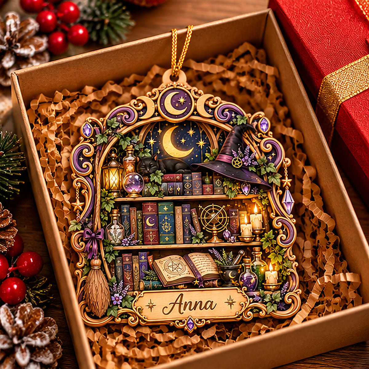Personalized Witch's Spellbook Library Layered Wood Christmas Ornament, Custom Name Witchy Bookshelf Ornament, Magical Gift for Book Lovers 864143bc-3599-439c-ba53-6d1be5b16996-anna_witch_library_02_gift_box_1200.jpg