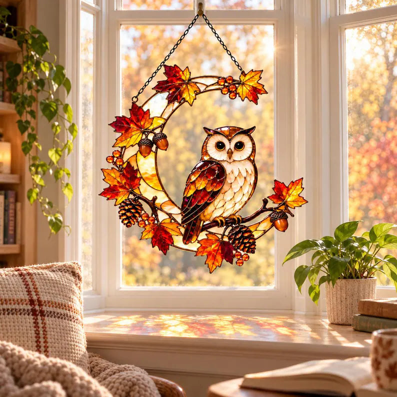 Fall Owl Moon Acrylic Suncatcher, Maple Leaves Woodland Owl Window Hanging, Thanksgiving GIft For Nature Lovers, Fall Home Decor 870a8fc9-a13f-4b40-aa50-0219d46130da-ghgfggh-2-.webp
