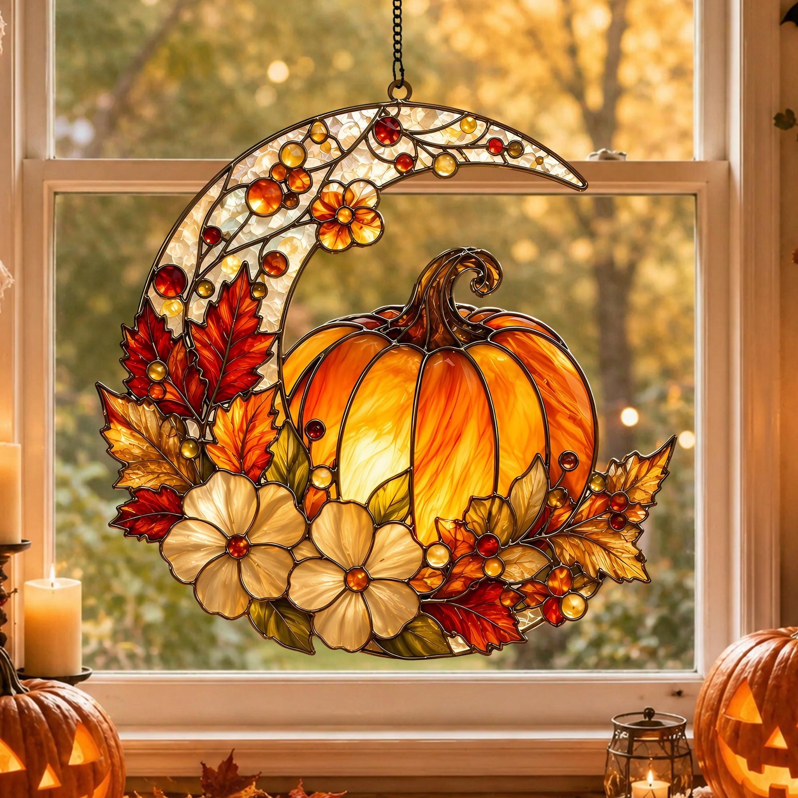 Harvest Moon Pumpkin Halloween Stained Glass Suncatcher, Autumn Maple Leaf Window Hanging Gift, Thanksgiving Cottagecore Wall Decor 87509f9a-8851-44b3-ba55-3646adb45d6a-1.jpg