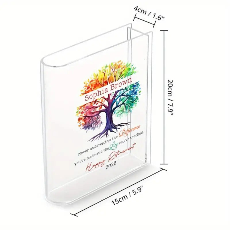 Personalized Retirement Gift - Custom Name & Year, Tree of Life Design with Inspirational Message - Heavy-Duty Acrylic Book Vase for Desk, Shelf, Table Decor