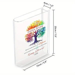 Personalized Retirement Gift - Custom Name & Year, Tree of Life Design with Inspirational Message - Heavy-Duty Acrylic Book Vase for Desk, Shelf, Table Decor