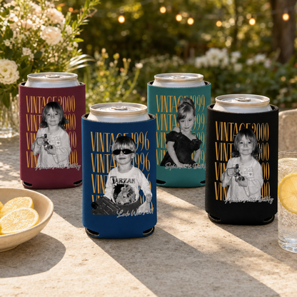 Personalized Photo Birthday Can Cooler, Vintage photo Can Cooler, 30th Birthday Party Can Cooler, Funny Childhood Photo Drink Holder 87c9532f-c574-4b0f-91ee-4dd01682d10a-banner-1.png