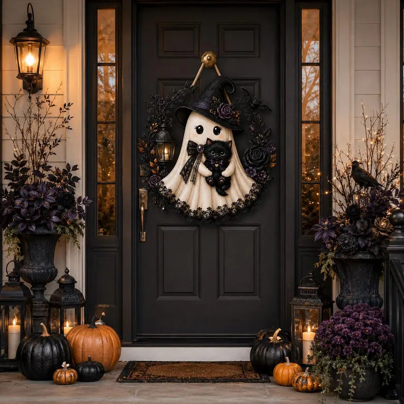 Halloween Ghost Door Hanger, Witch Ghost With Black Cat Wooden Door Sign, Spooky Fall Wall Decor With Jute Twine 88061f13-5360-4b57-b17f-93d343b018ae-tyio9pfd-3-.webp