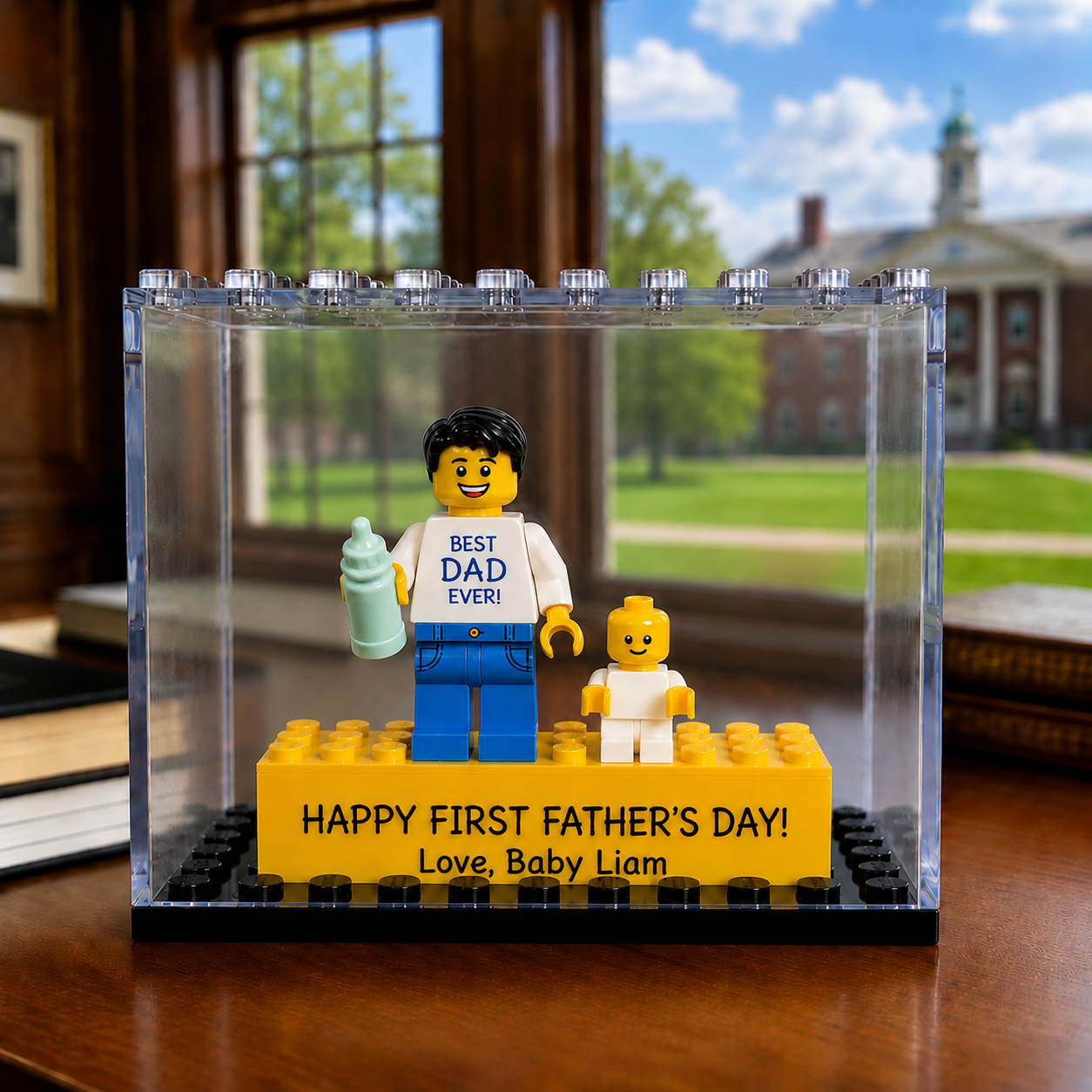 Personalized Minifigure Set with Custom Display Case , First Fathers Day Personalised Mini Figure Gift for Dad, Custom Daddy & Baby Keepsake