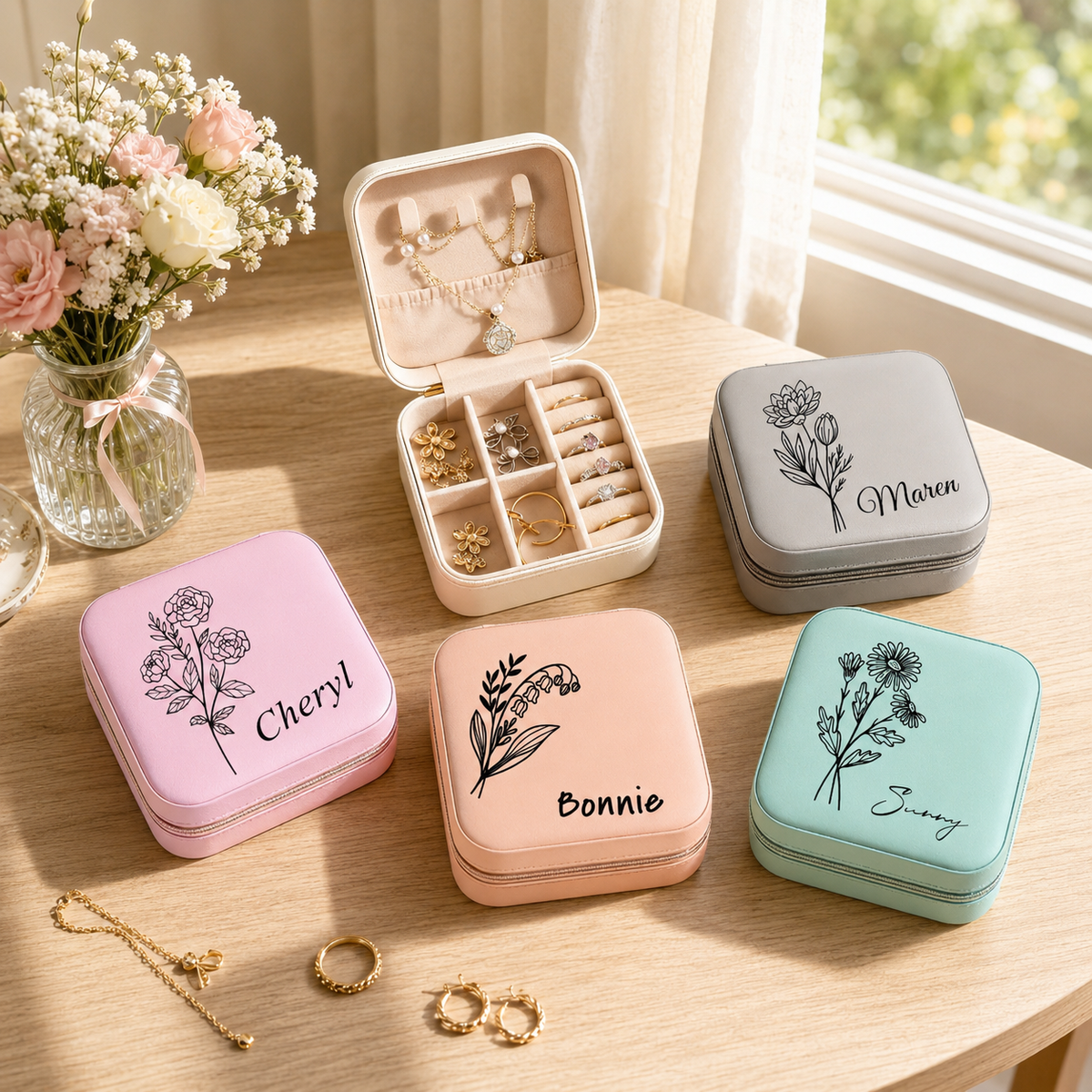 Personalized travel jewelry box, small square earring organizer, bridesmaid gifts box for sister, friend 882e1b84-d84d-42ec-afb9-dc1df9f19510-banner-1.png