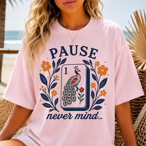 Pause Nevermind, Funny Mahjong Shirt, Peacock Mahjong Tee, Comfort Colors Graphic T-Shirt, Mahjong Player, Retro Floral, Mahj, Yellow Blue 88327279-1108-46b3-88eb-01fd8ac303ef-9.png