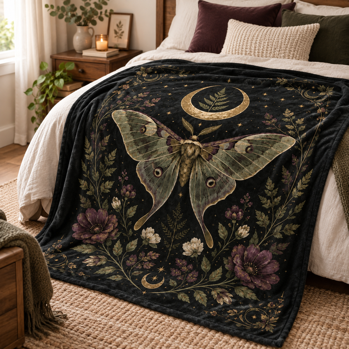 Celestial Luna Moth Blanket, Gothic Botanical Throw, Moon and Stars Bedding Decor, Witchy Bedroom Gift, Dark Floral Home, Luna Moth Blanket 886d291d-c138-4214-aece-b97ae8c126b5-ghtr-1-.png