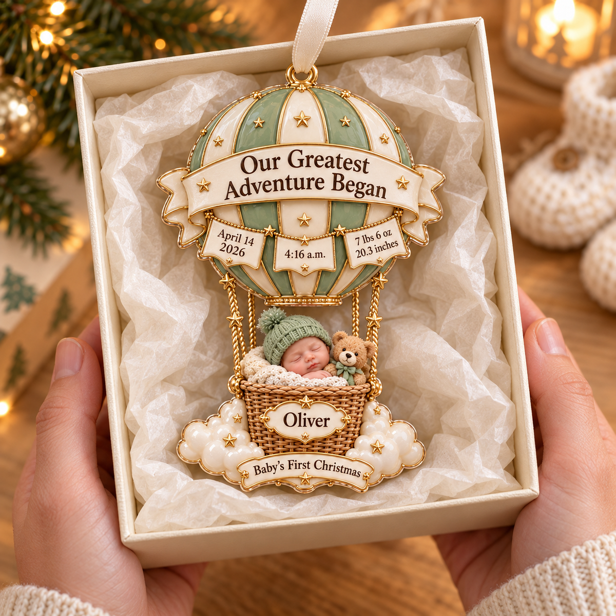 Personalized Baby’s First Christmas Ornament 2026 – Hot Air Balloon with Custom Name & Birth Stats, New Baby Keepsake Gift for Parents 889f53ce-ffb8-426d-a5c0-d9694bd85a9d-Sage-green-baby-s-first-Christmas-keepsake-4.png