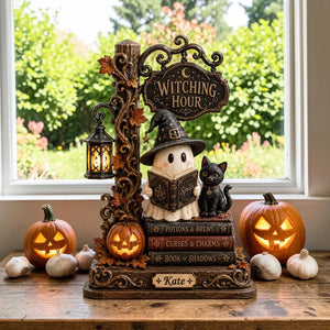 Cute Ghost Witch & Black Cat Reading Spells Halloween Decoration, Gothic Autumn Bookshelf Display with Lantern and Custom Name 88cfc4ed-3d1e-4ab2-95f1-dd236b978de5-fdgdfgfd-2-.webp
