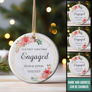 First Christmas Engaged Pink Flowers Wreath - Personalized Ornament - Christmas Gift