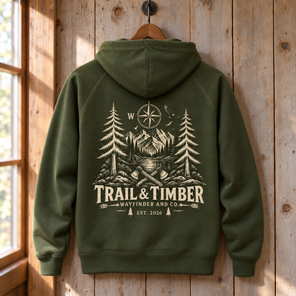 Trail and Timber Mountain Hoodie Outdoor Hiking Sweatshirt Camping Forest Adventure Pullover Wayfinder and Co Gift for Hikers, Unique Gift 892be593-186b-4545-b9f6-3868c7bf6749-Hoodie-olive-treo-tr-n-m-c-g-3.png