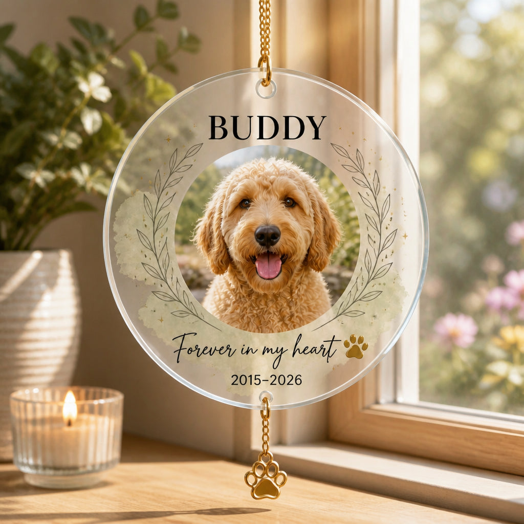 Pet Memorial Photo Ornament — Name & Years - Personalized 1 Layered Suncatcher with Charm 895e5bde-1bf6-4189-bba2-82a39d412875.jpg