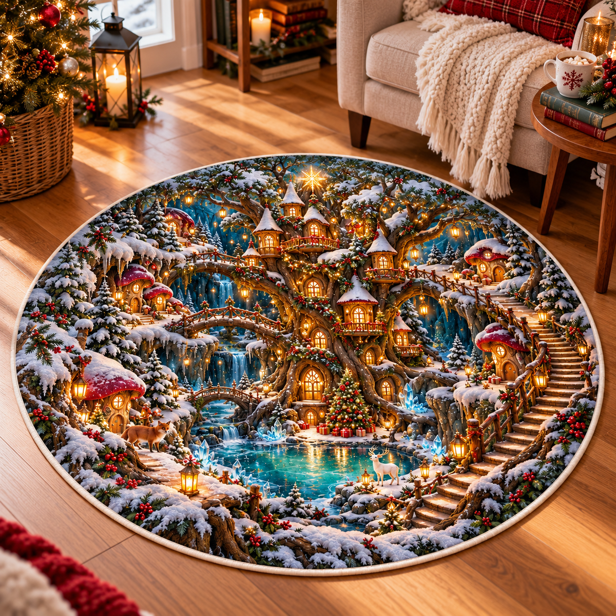 Fantasy Forest Christmas 3D Illusion Round Rug, Enchanted Treehouse Village Floor Mat, Fairy Tale Winter Area Carpet, Whimsical Holiday Home Decor 89f003ff-6270-4d69-a348-fe9902209296-Fantasy-Christmas-Forest-Rug-in-Reading-Corner-4.png