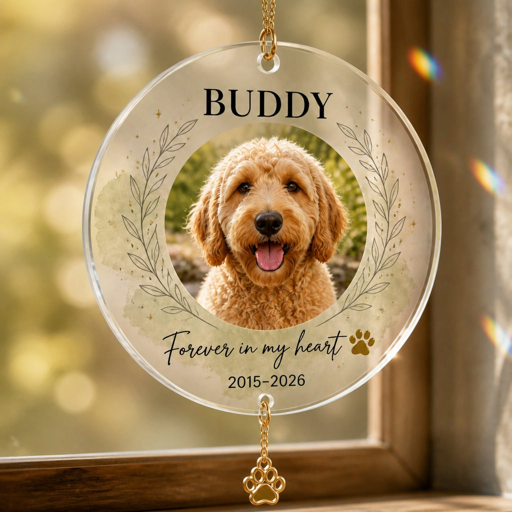 Pet Memorial Photo Ornament — Name & Years - Personalized 1 Layered Suncatcher with Charm 89fa66e0-9739-4ca4-afef-474f251c93d5.jpg