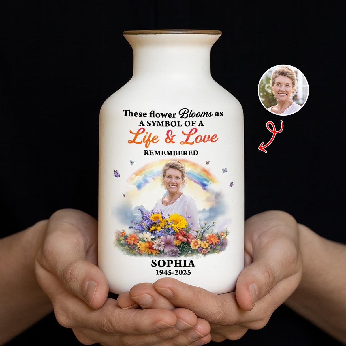 Rainbow Memorial Vase, Personalized Photo Vase, Sympathy Gift, In Loving Memory, Remembrance Gift for Loss of Loved One, Grief Gift