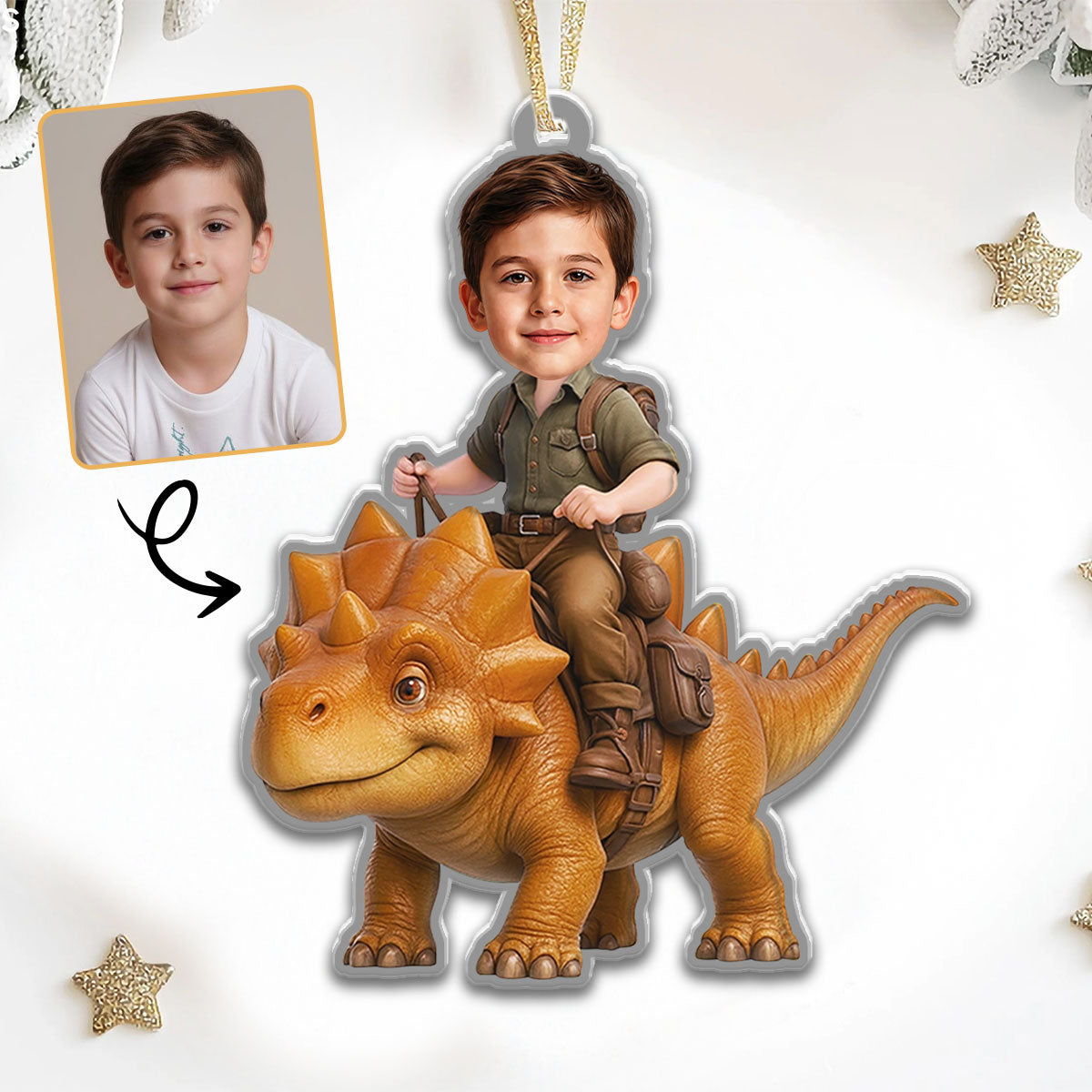 Custom Photo Kid Riding Dinosaur - Personalized Custom Shaped Acrylic Ornament