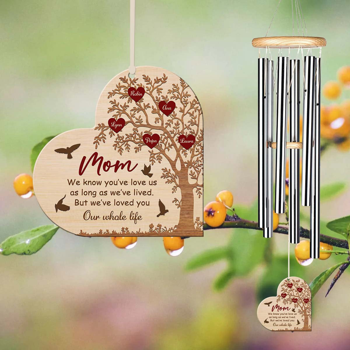 Personalized Mom Wind Chime, Custom Kid Name Sign, Heart Keepsake, Wood Wind Chime, Gift for Grandma, Mother's Day Gift, Home Decor