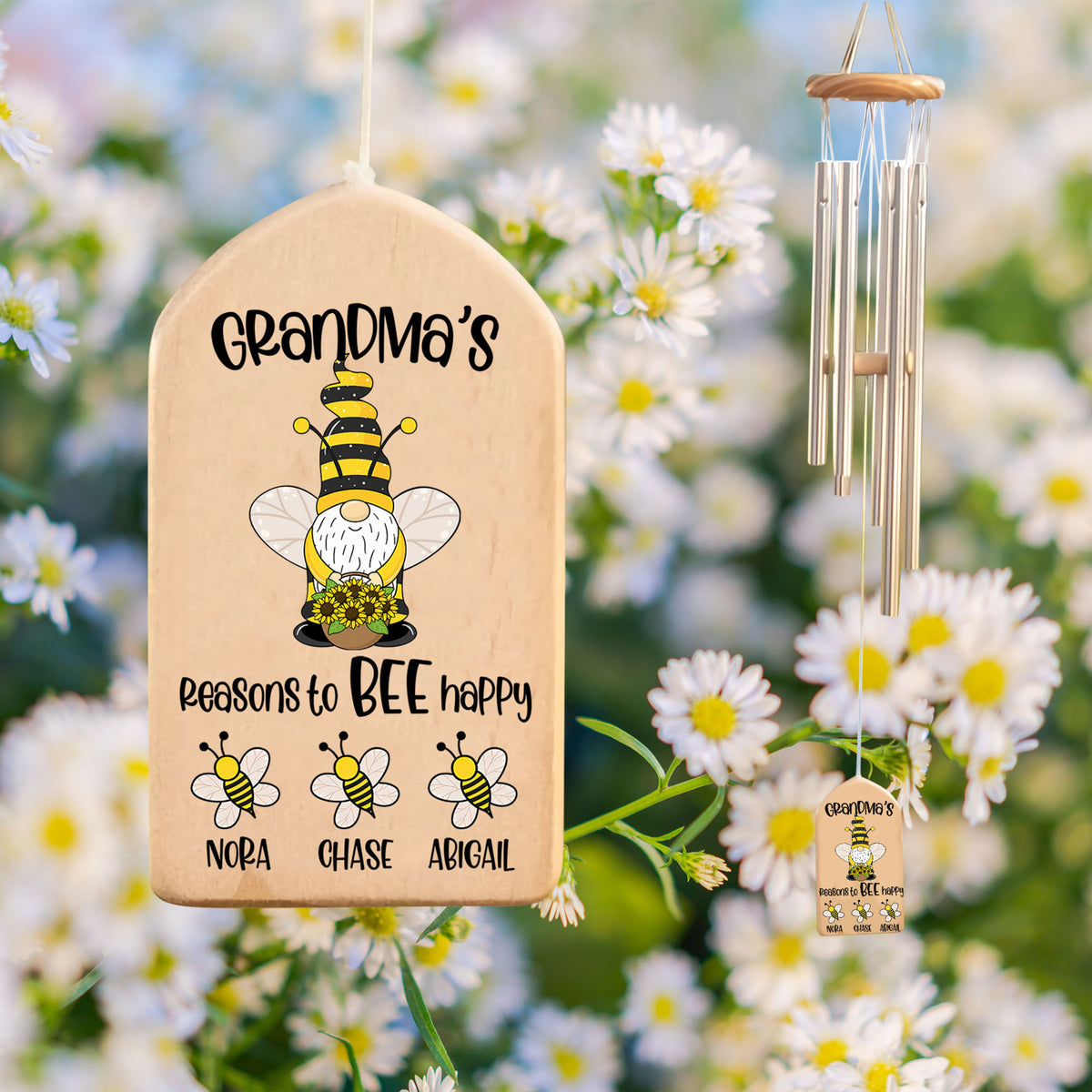 Grandma's Reason To Bee Happy, Cute Grandkid Bee - Personalized Windchime - Gift For Grandma, Mother's Day, Birthday Gift