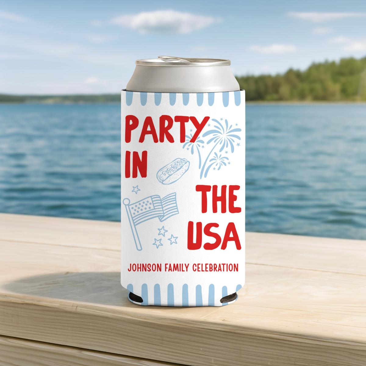 Custom Party in the USA Can Cozie, Personalized 4th of July Family BBQ Party Favor, Patriotic USA 250 Drink Sleeve