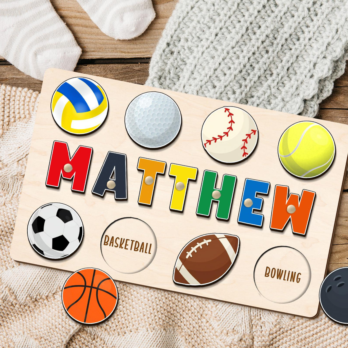 Birthday Gift for Boys, Custom Wooden Name Puzzle, Baby Shower Gift, Personalized Name Puzzle with Balls, Ball Game Sports Theme Name Puzzle