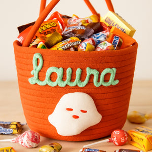 Custom Halloween Candy Basket Name Embroidery, Trick or Treat Tote Bag, Kids Pumpkin Bucket, Soft Rope Halloween Decor Bag, Halloween Gifts