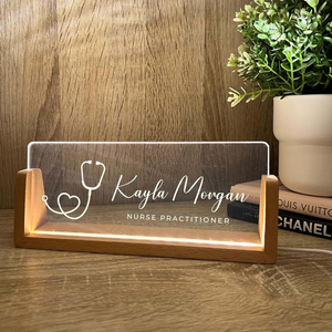 Personalized Name & Title Desk Plate Stand, Stethoscope Symbol Professional Medical Nurse Nursing, Office Sign LED Light Nameplate Gift