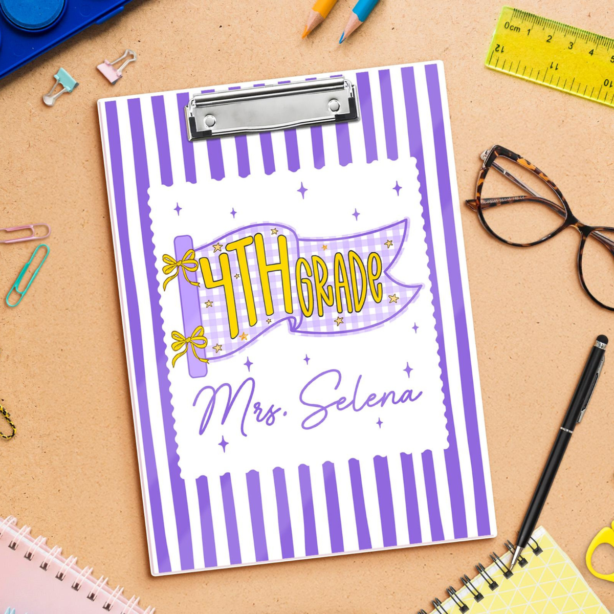 Custom Teacher Pennants Flag Teacher Clipboard: Striped Acrylic Clipboard With Teacher Name, Back to School Gifts, Teacher Appreciation Gift