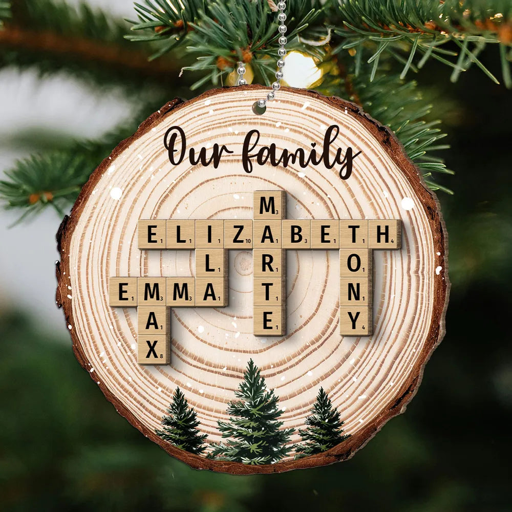 Christmas Tree Wood Pattern Family Names Puzzle Crossword - Personalized 2-Layer Wooden Ornament - Christmas Gift For Family