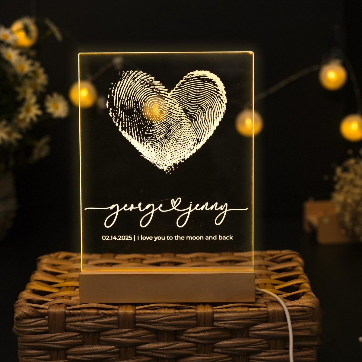 Custom Fingerprint Heart with Names, Personalized LED Light Wooden Base, Valentines Gift, Custom Lamp, Anniversary Gift