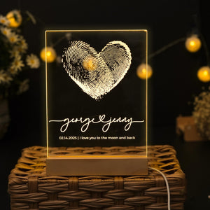 Custom Fingerprint Heart with Names, Personalized LED Light Wooden Base, Valentines Gift, Custom Lamp, Anniversary Gift