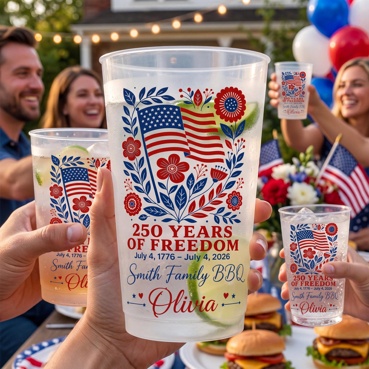 Personalized 4th of July Frosted Cup, 250 Years of Freedom Cup, Custom Family BBQ Party Cups, Independence Day 2026, Patriotic Plastic Cups