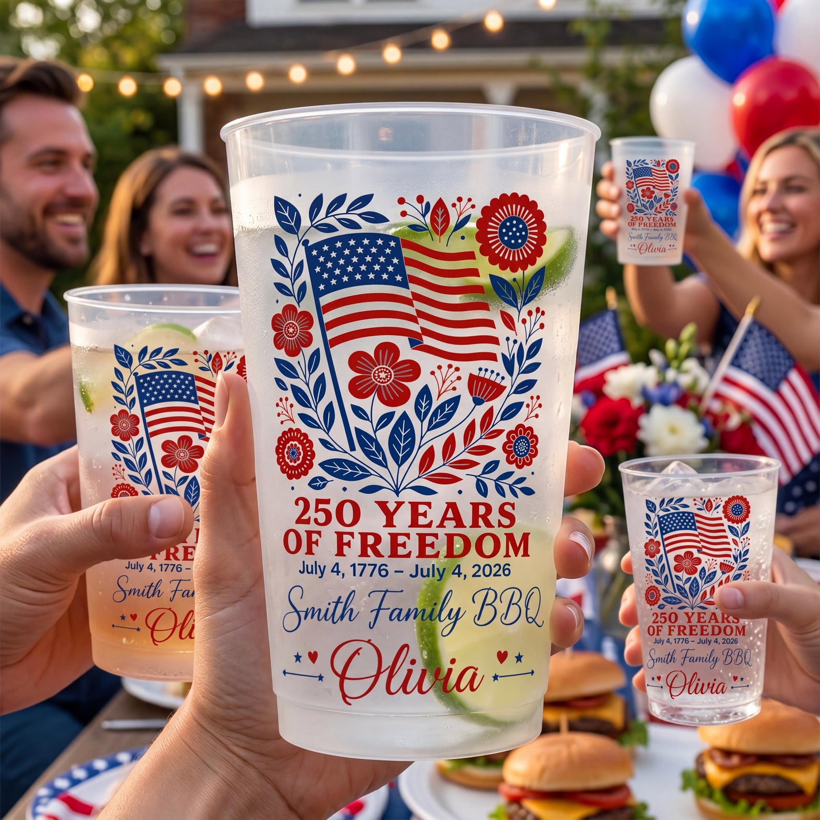 Personalized 4th of July Frosted Cup, 250 Years of Freedom Cup, Custom Family BBQ Party Cups, Independence Day 2026, Patriotic Plastic Cups