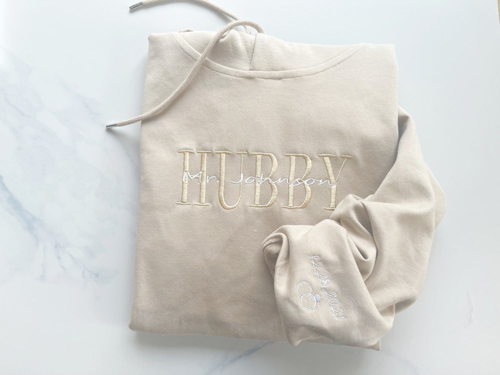 Personalized Embroidered Wifey Hubby Sweatshirt, Custom Last Name Bridal Crewneck, Gift For Couple Matching Hoodie